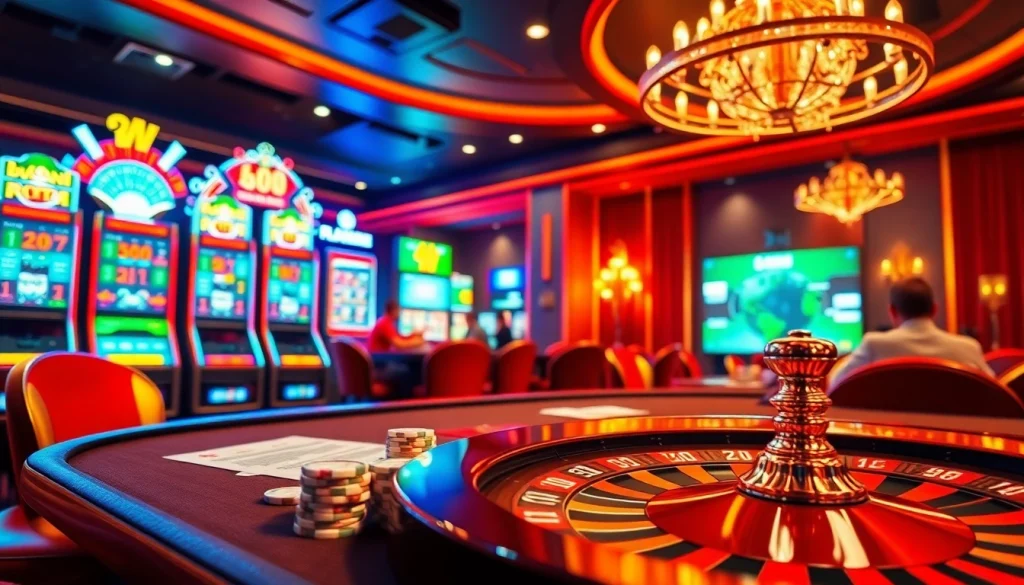 Players enjoying a thrilling game at Nhà cái Go8 casino, showcasing vibrant slots and roulette excitement.