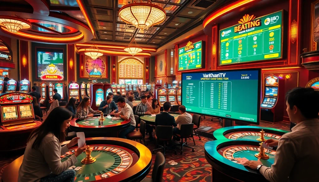 Experience the thrill of trực tiếp bóng đá VanKhanhTV amidst a bustling casino, featuring poker tables and exciting games.