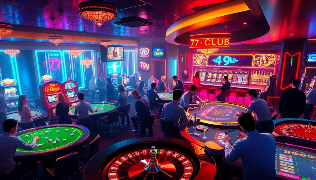 Excited players enjoying a thrilling night at the 79 club casino with vibrant gaming tables.