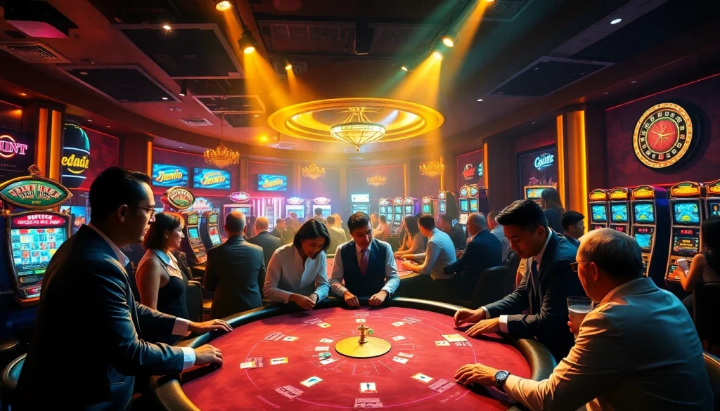 Experience the thrill of gambling at topnfljerseyswholesale.com with players engaged at a vibrant poker table surrounded by colorful chips and cards.