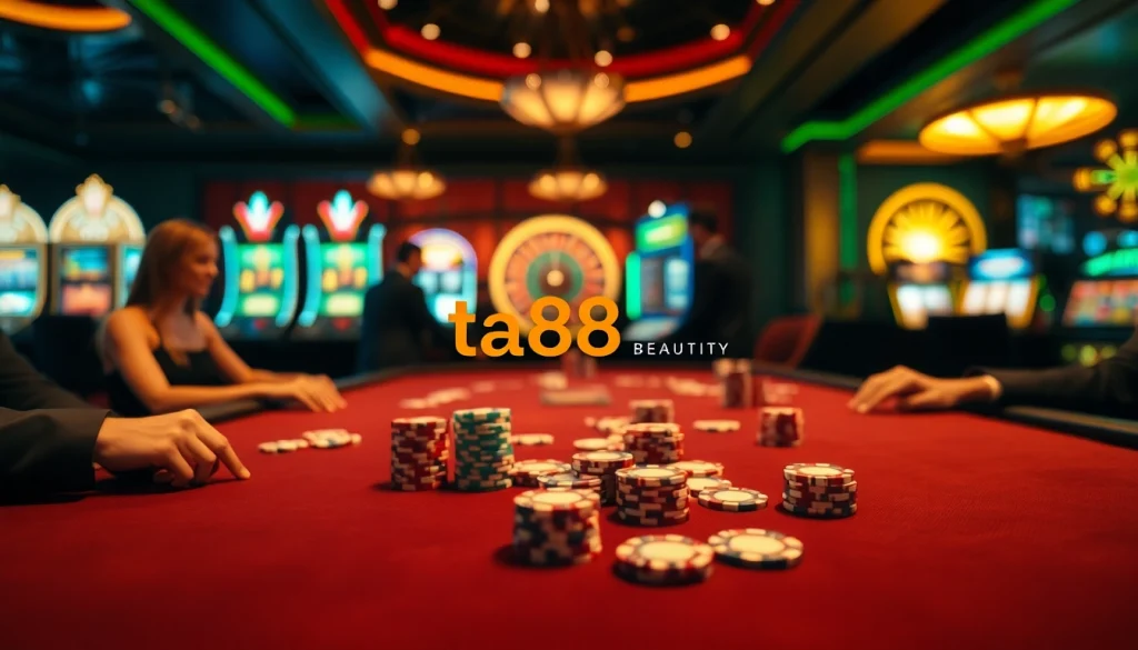 Experience thrilling poker action with intense players at https://ta88.beauty/, showcasing vibrant casino elements.