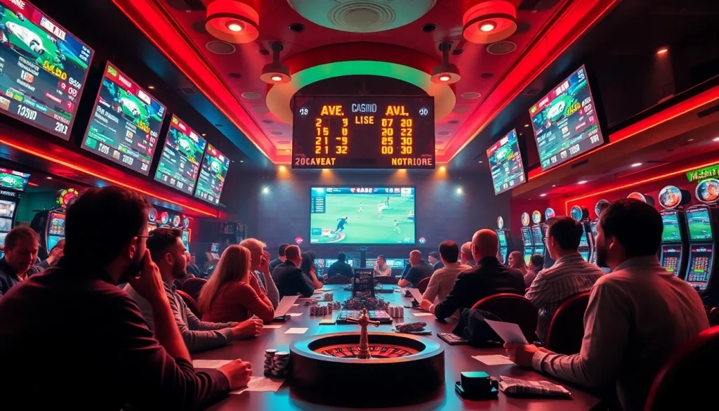 Exciting live soccer betting atmosphere, xem trực tiếp bóng đá with gamblers engaged at tables.