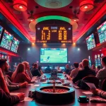 Exciting live soccer betting atmosphere, xem trực tiếp bóng đá with gamblers engaged at tables.